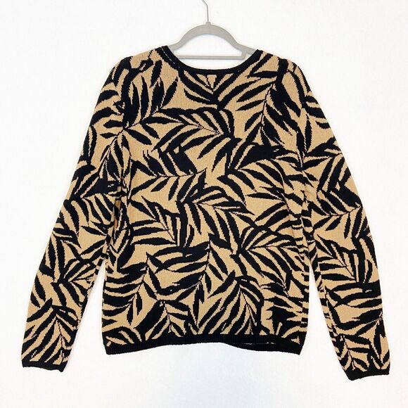 Talbots Cardigan Sweater Womens XL Black Tan Zip Up Knit Cotton Leaf Print - Picture 2 of 6